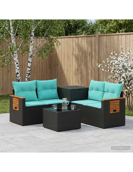 Set di divani 6 pz Nero e Blu Rattan sintetico e Acciaio