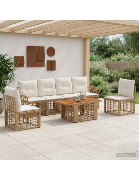 Set Divano da Giardino 7 pz Naturale e Bianco Crema polyrattan