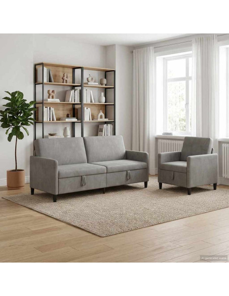 Set di Divani con Storage 2 pz Grigio Chiaro Poliestere