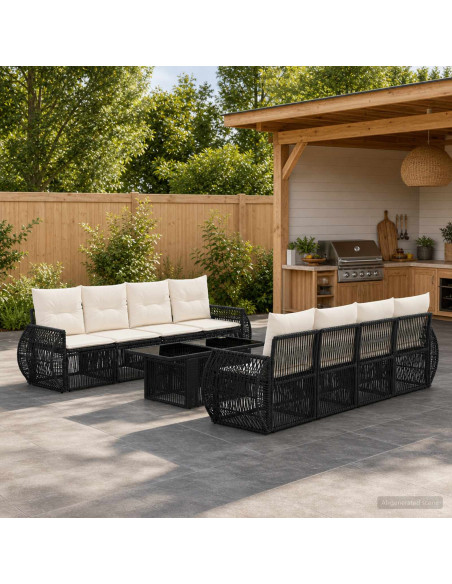 Set Divano da Giardino 9 pz Nero e Bianco Crema polyrattan