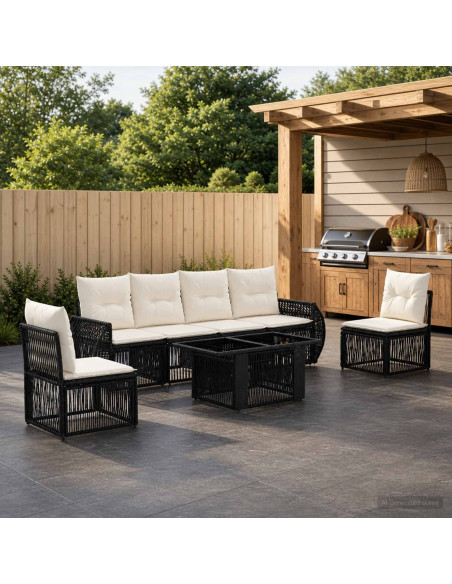 Set Divano da Giardino 7 pz Nero e Bianco Crema polyrattan