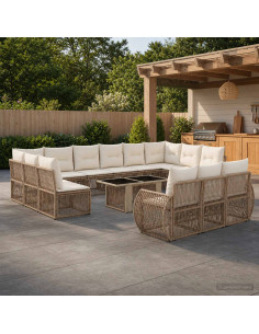 Set Divano da Giardino 14 pz Beige e Bianco Crema polyrattan