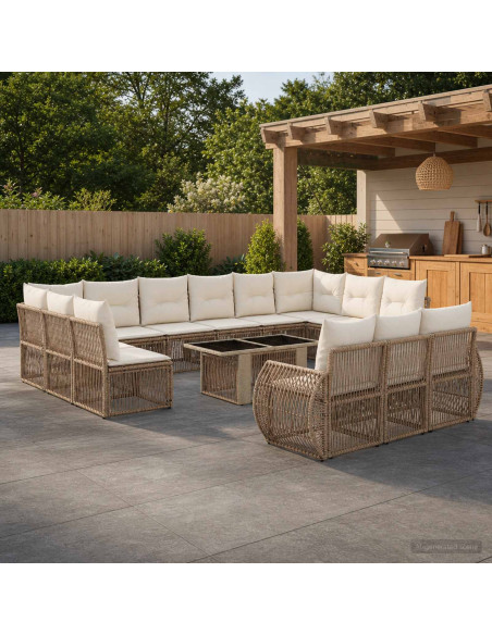 Set Divano da Giardino 14 pz Beige e Bianco Crema polyrattan