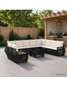 Set Divano da Giardino 11 pz Nero e Bianco Crema polyrattan