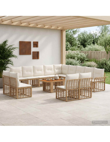 Set Divano da Giardino 14 pz Naturale e Bianco Crema polyrattan