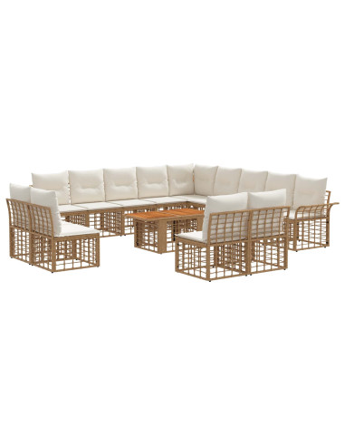 Set Divano da Giardino 14 pz Naturale e Bianco Crema polyrattan