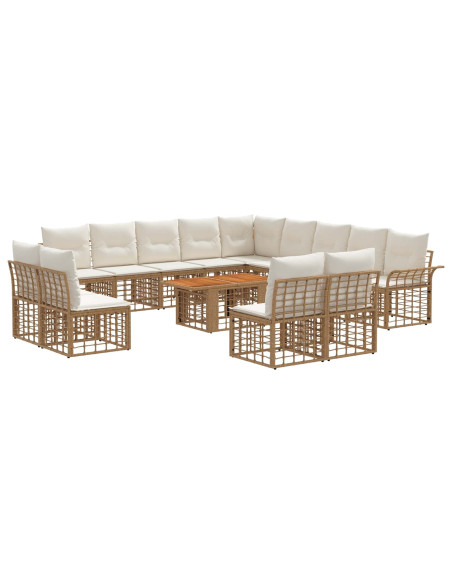 Set Divano da Giardino 14 pz Naturale e Bianco Crema polyrattan