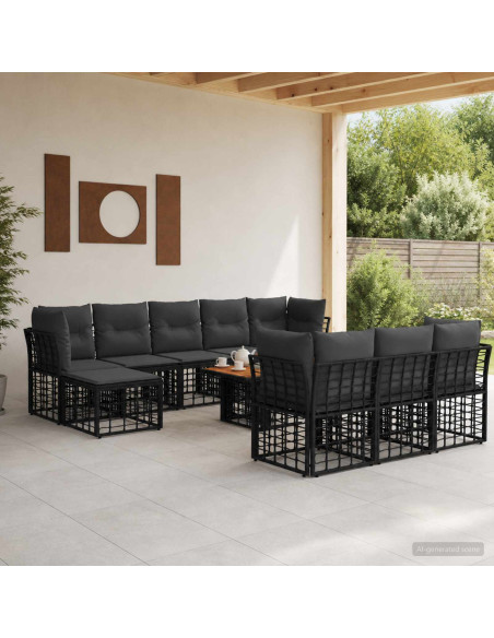 Set Divano da Giardino 11 pz Nero e Grigio scuro polyrattan