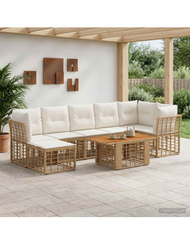 Set Divano da Giardino 8 pz Naturale e Bianco Crema polyrattan