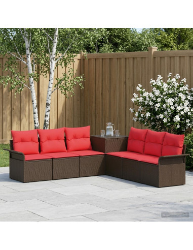 Set di divani 7 pz Marrone e Rosso Rattan sintetico e Acciaio