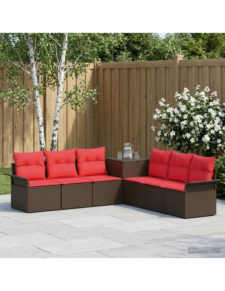 Set di divani 7 pz Marrone e Rosso Rattan sintetico e Acciaio