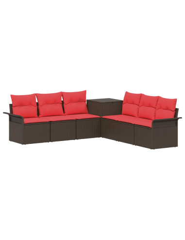 Set di divani 7 pz Marrone e Rosso Rattan sintetico e Acciaio