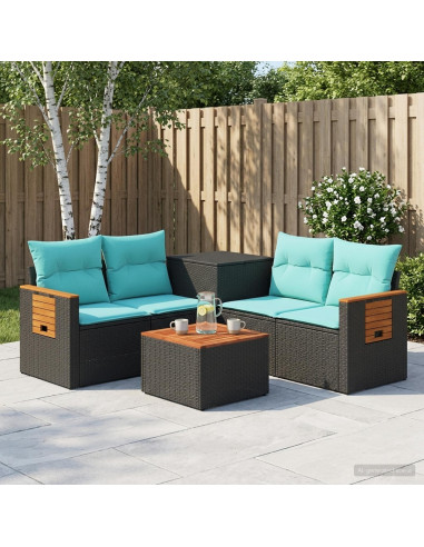 Set di divani 6 pz Nero e Blu Rattan sintetico e Acciaio