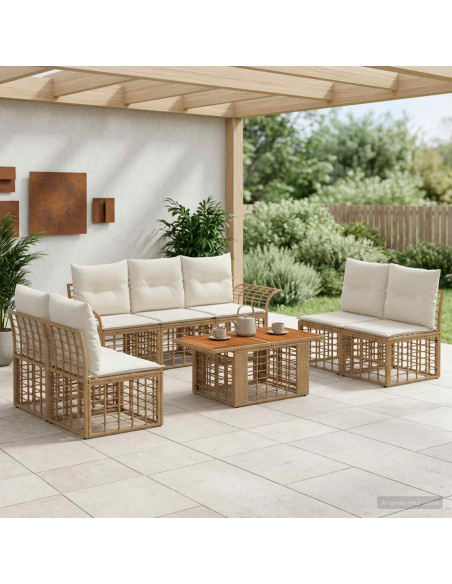 Set Divano da Giardino 8 pz Naturale e Bianco Crema polyrattan