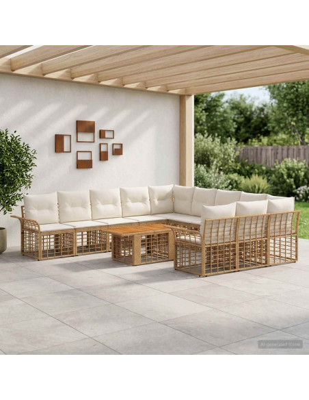 Set Divano da Giardino 12 pz Naturale e Bianco Crema polyrattan