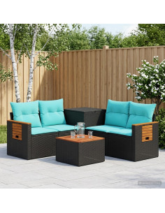 Set di divani 6 pz Nero e Blu Rattan sintetico e Acciaio