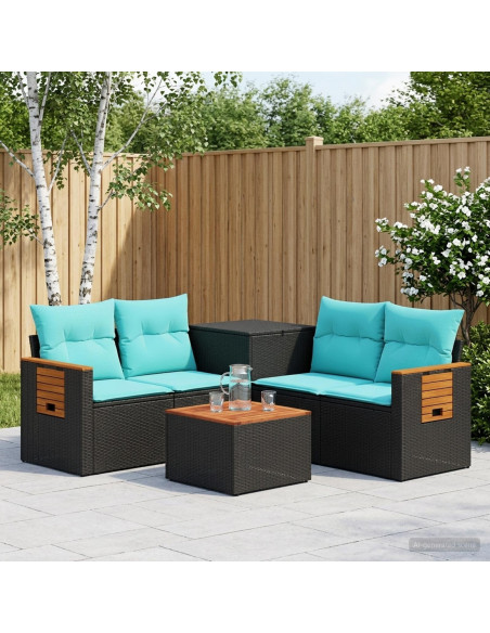 Set di divani 6 pz Nero e Blu Rattan sintetico e Acciaio