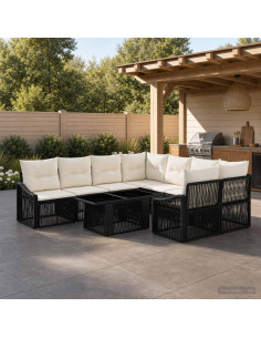 Set Divano da Giardino 9 pz Nero e Bianco Crema polyrattan