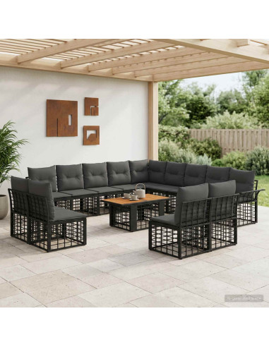 Set Divano da Giardino 14 pz Nero e Grigio scuro polyrattan