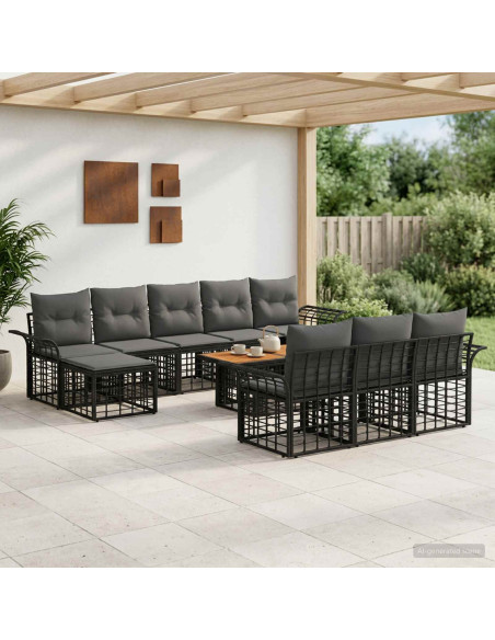 Set Divano da Giardino 11 pz Nero e Grigio scuro polyrattan