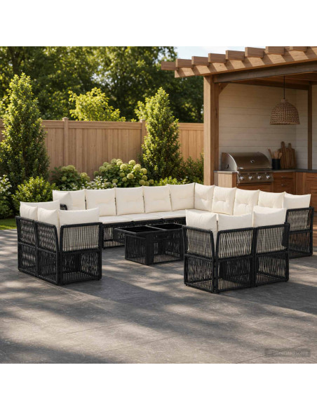 Set Divano da Giardino 14 pz Nero polyrattan