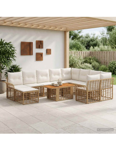 Set Divano da Giardino 11 pz Naturale e Bianco Crema polyrattan