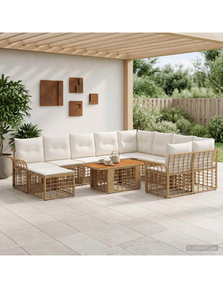 Set Divano da Giardino 11 pz Naturale e Bianco Crema polyrattan