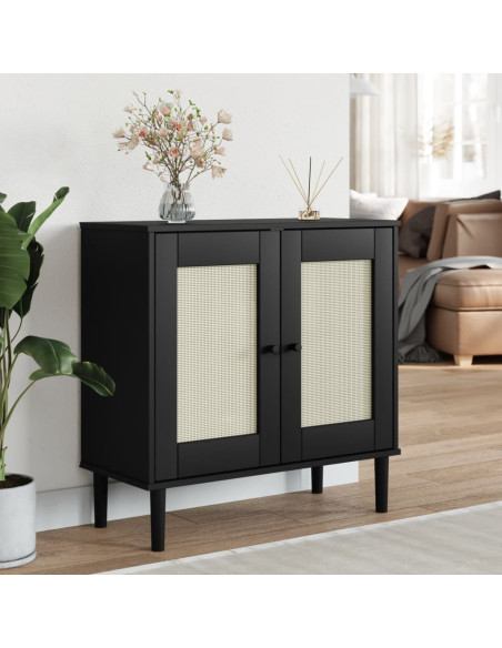 Credenza SENJA Aspetto Rattan Nero 80x35x80 cm Massello Pino