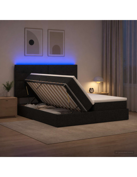 Letto con contenitore LED e materasso Nero 200 x 200 cm Tessuto