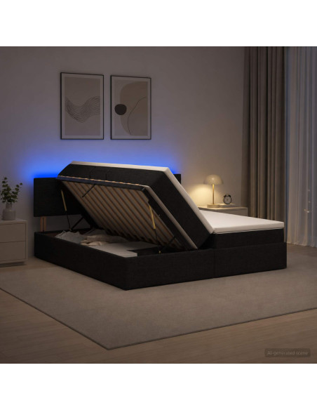 Letto con contenitore LED e materasso Nero 200 x 200 cm Tessuto