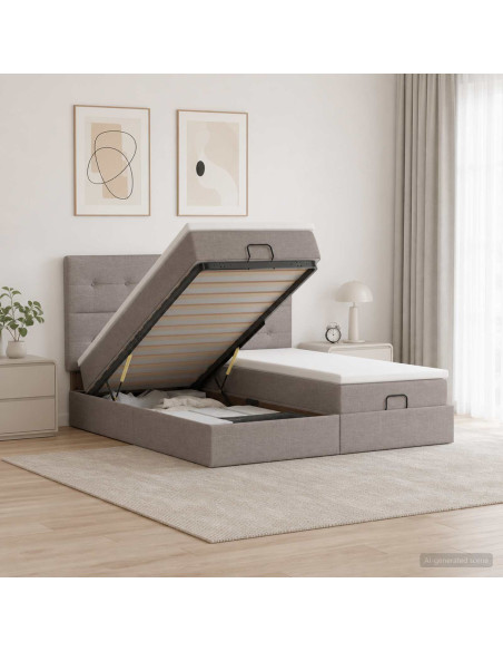 Letto Ottomano con Materasso e LED Tortora 200 x 200 cm Tessuto