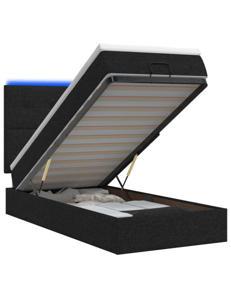 Letto Ottomano con Materasso e LED Nero 100 x 200 cm Tessuto