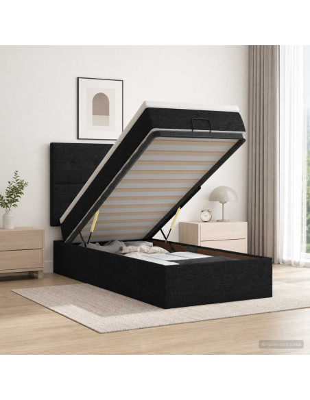 Letto Ottomano con Materasso e LED Nero 100 x 200 cm Tessuto