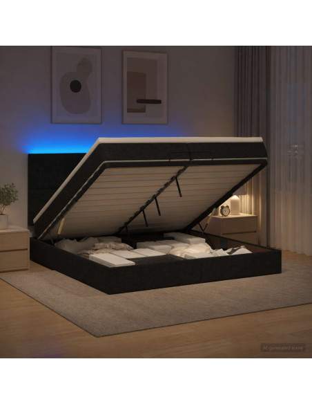 Letto Ottomano con Materasso e LED Nero 200 x 200 cm Tessuto