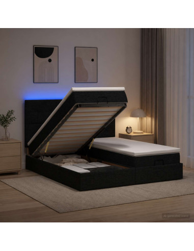 Letto Ottomano con Materasso e LED Nero 200 x 200 cm Tessuto