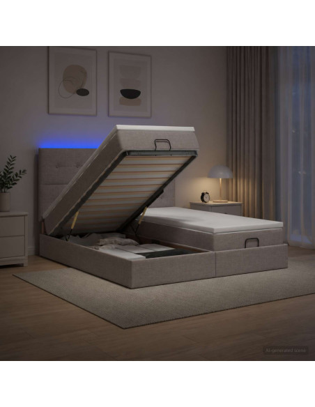 Letto Ottomano con Materasso e LED Tortora 200 x 200 cm Tessuto