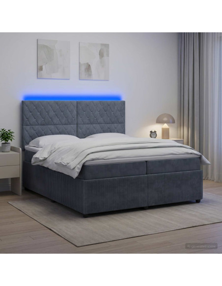 Letto Box Spring LED con Materasso Grigio Scuro 200 x 200 cm