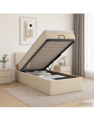 Letto Ottomano con Materasso e LED Crema 90 x 190 cm Tessuto