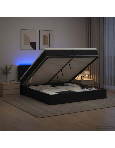 Letto Ottomano con Materasso e LED Nero 200 x 200 cm Tessuto