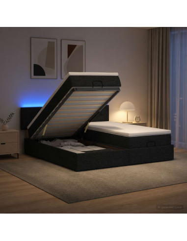 Letto Ottomano con Materasso e LED Nero 200 x 200 cm Tessuto