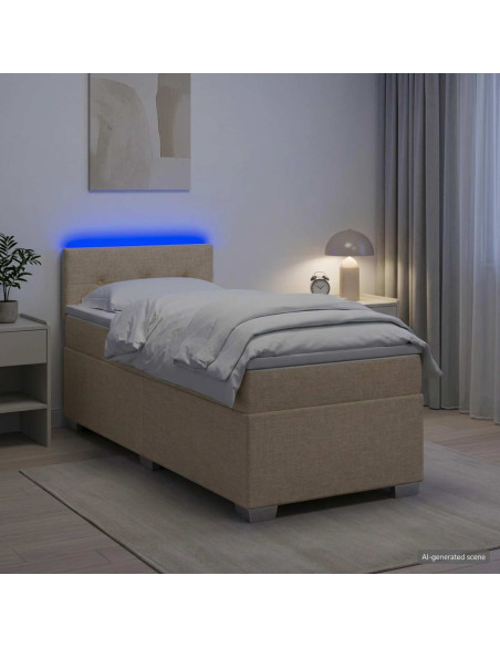 Letto con Box Spring, Materasso e LED Crema 90 x 190 cm Tessuto