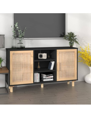 Credenza Nera 105x30x60cm Legno Massello Pino e Rattan Naturale