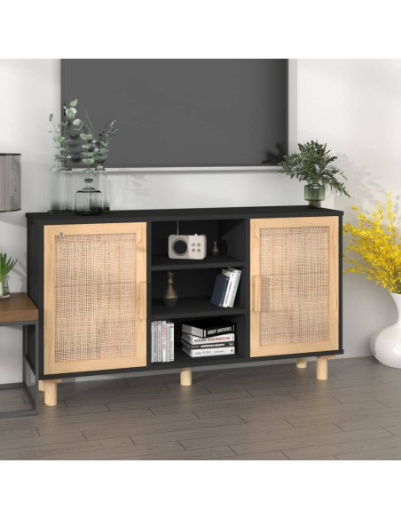 Credenza Nera 105x30x60cm Legno Massello Pino e Rattan Naturale