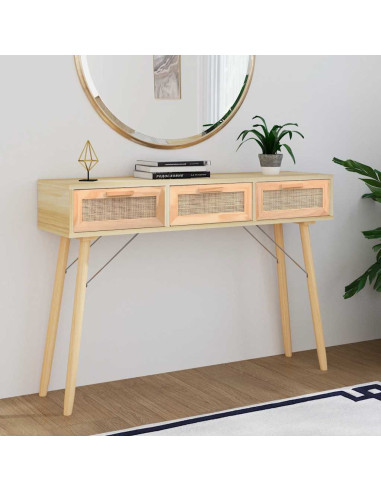 Tavolo Consolle Marrone 105x30x75 Massello Pino Rattan Naturale
