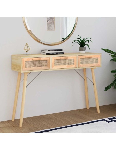 Tavolo Consolle Marrone 105x30x75 Massello Pino Rattan Naturale
