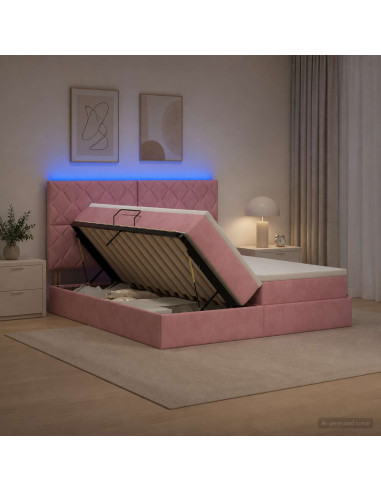 Letto con contenitore LED e materasso Rosa 200 x 200 cm Velluto