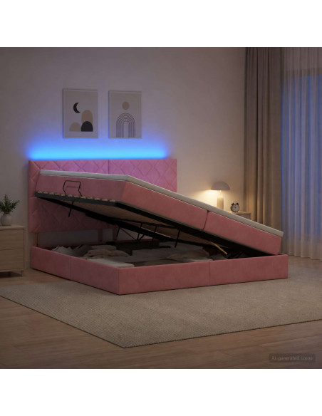 Letto con contenitore LED e materasso Rosa 200 x 200 cm Velluto