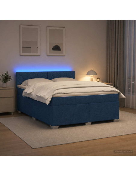 Letto con Box Spring, Materasso e LED Blu 160 x 200 cm Tessuto