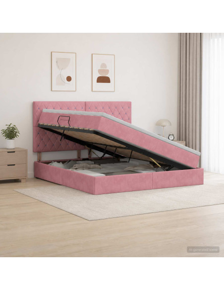 Letto con contenitore LED e materasso Rosa 160 x 200 cm Velluto