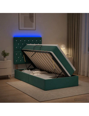 Letto con contenitore LED e materasso Verde Scuro 90 x 200 cm